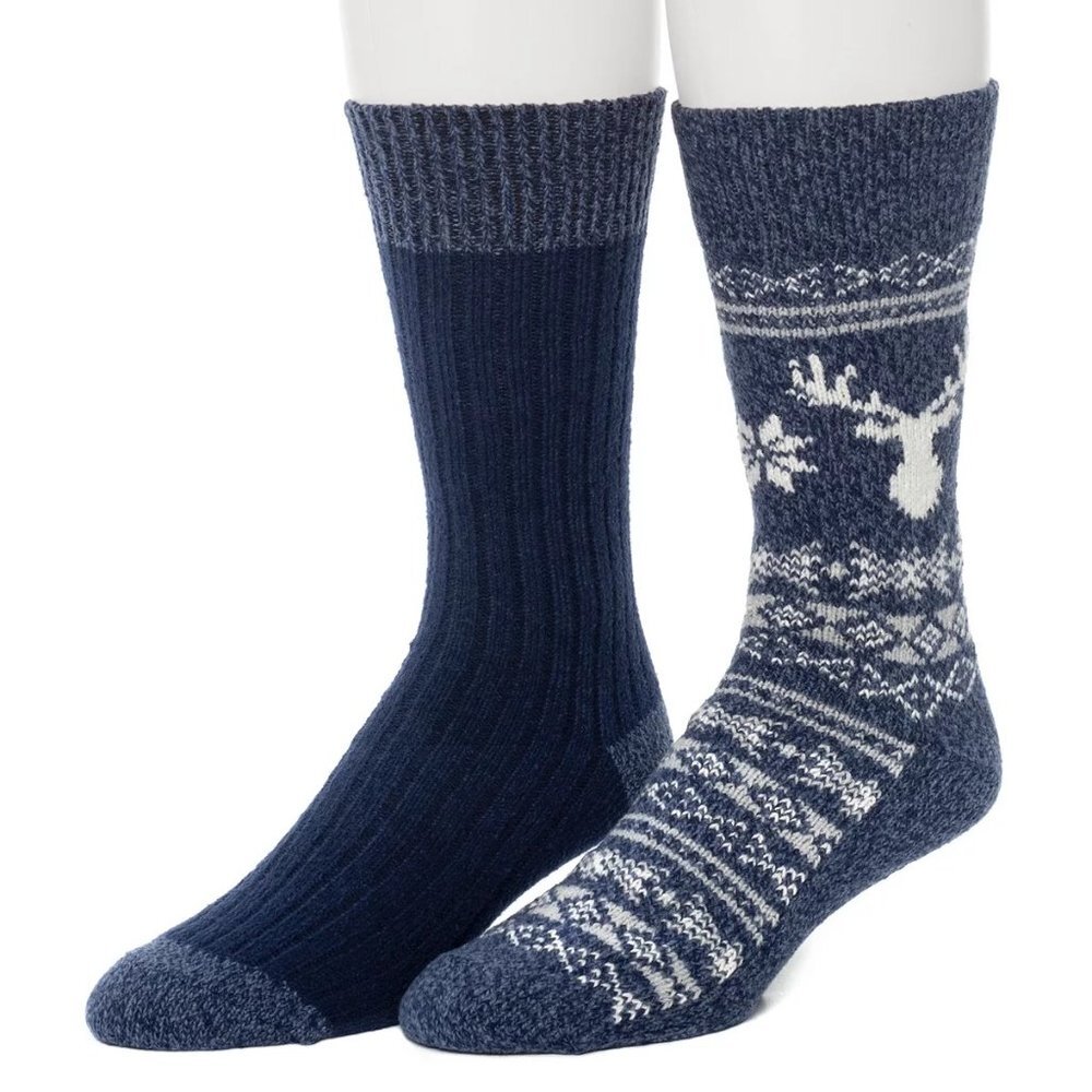Cuddl Duds Mens ClimateSmart Plushfill Crew Socks 2 Pairs Blue & Pattern